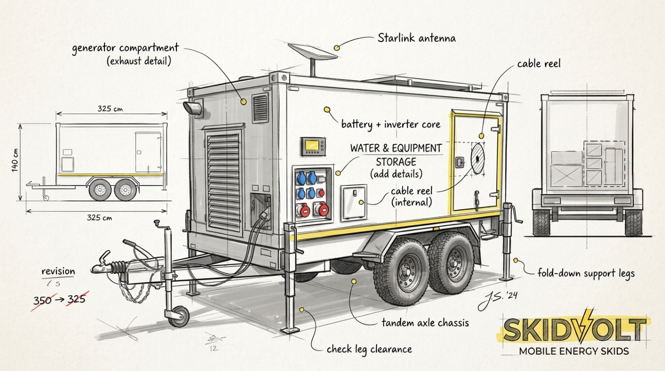 Geannoteerde ontwerpschets van de Skidvolt-aanhanger: accu- en omvormerkern, aggregaatcompartiment, water- en materiaalopslag, interne kabelhaspel, inklapbare steunpoten, tandemasser en Starlink-antenne, met zij- en achteraanzicht en maatvoering